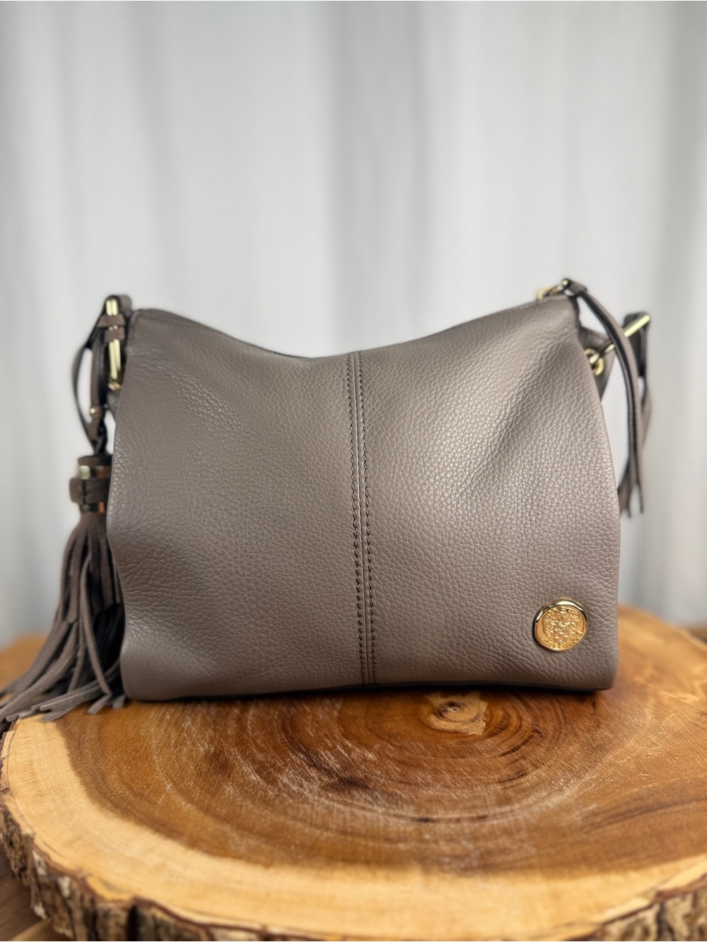 Vince Camuto Gray Pebbled Leather Crossbody Bag with Tassel & Gold HW EUC - Picture 12 of 13